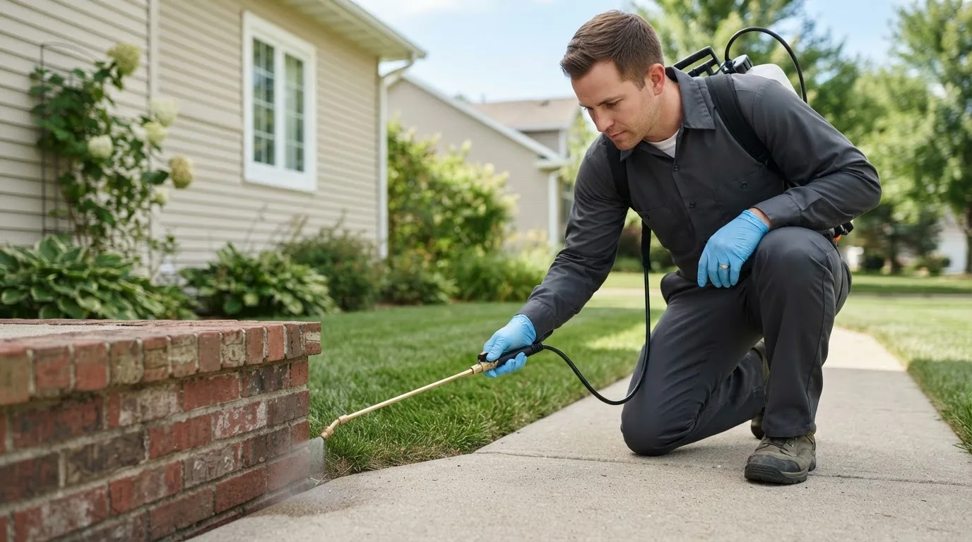 Pest control technician treating a home near Perkins, MI