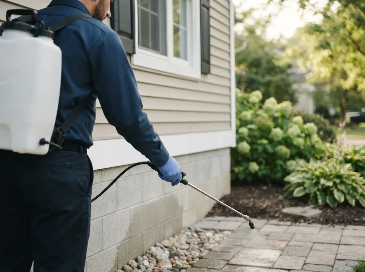 Pest control technician inspecting a home in Perkins, MI